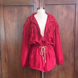Red Silk Fringed Drawstring Jacket XL